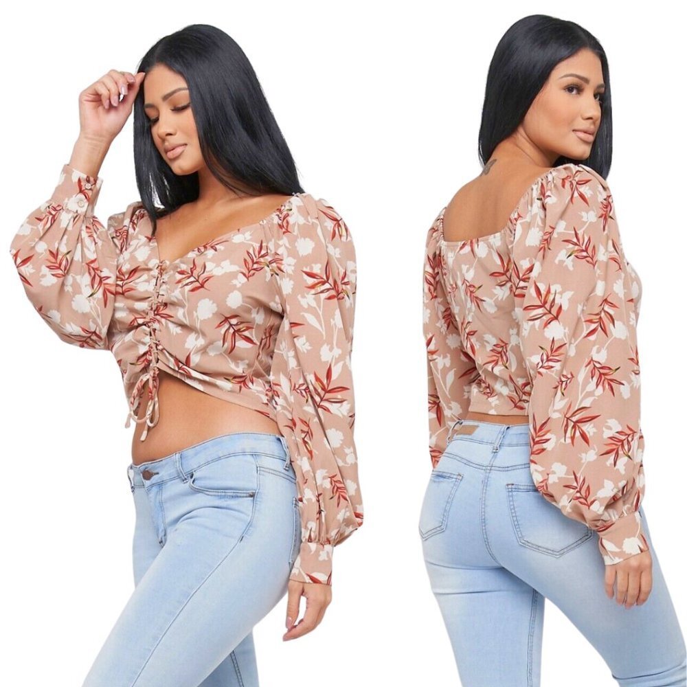 NWT Mocha Floral Crop Blouse Shirt Top Long Sleeves in sizes S, M, & L